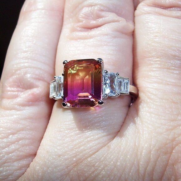 925 STERLING SILVER Emerald Cut Gradient Cubic Zirconia Ring - Picture 6 of 16